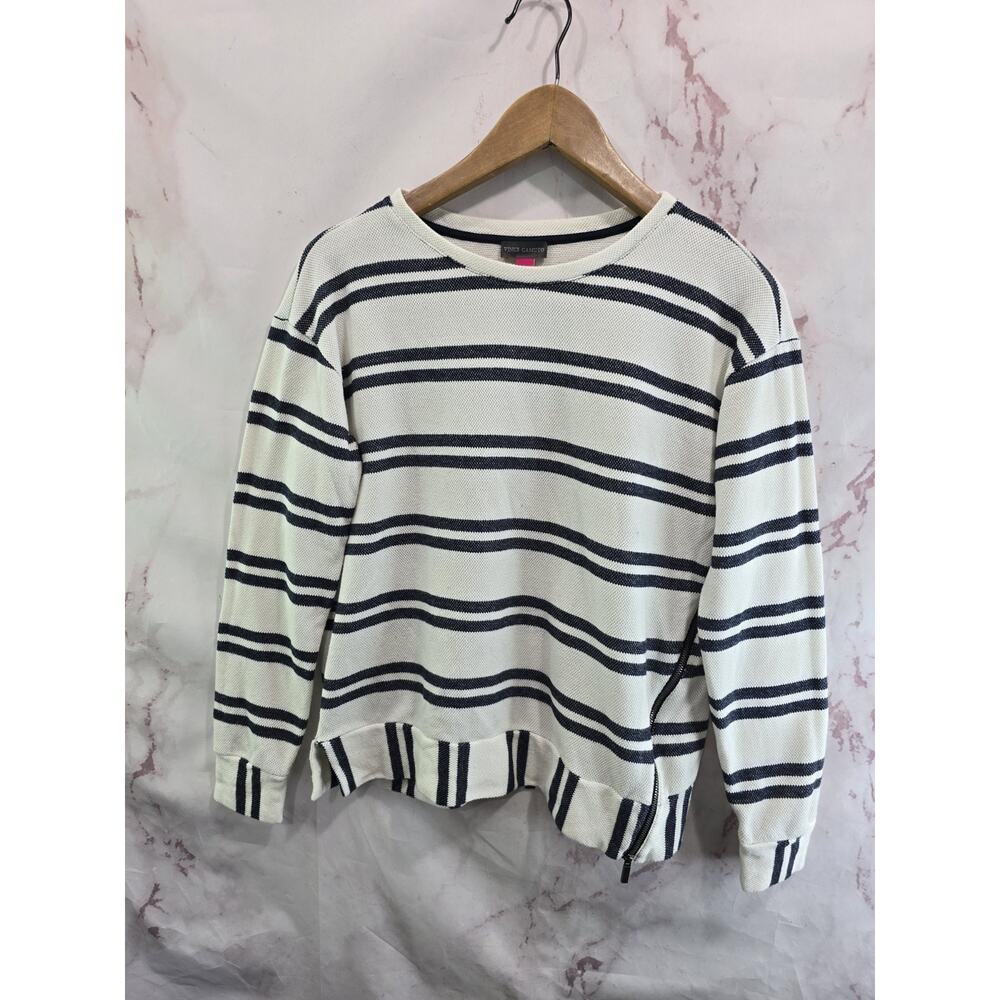 Vince Camuto Shirt Womens Small Navy Blue White Stripe Thermal Boxy Zip